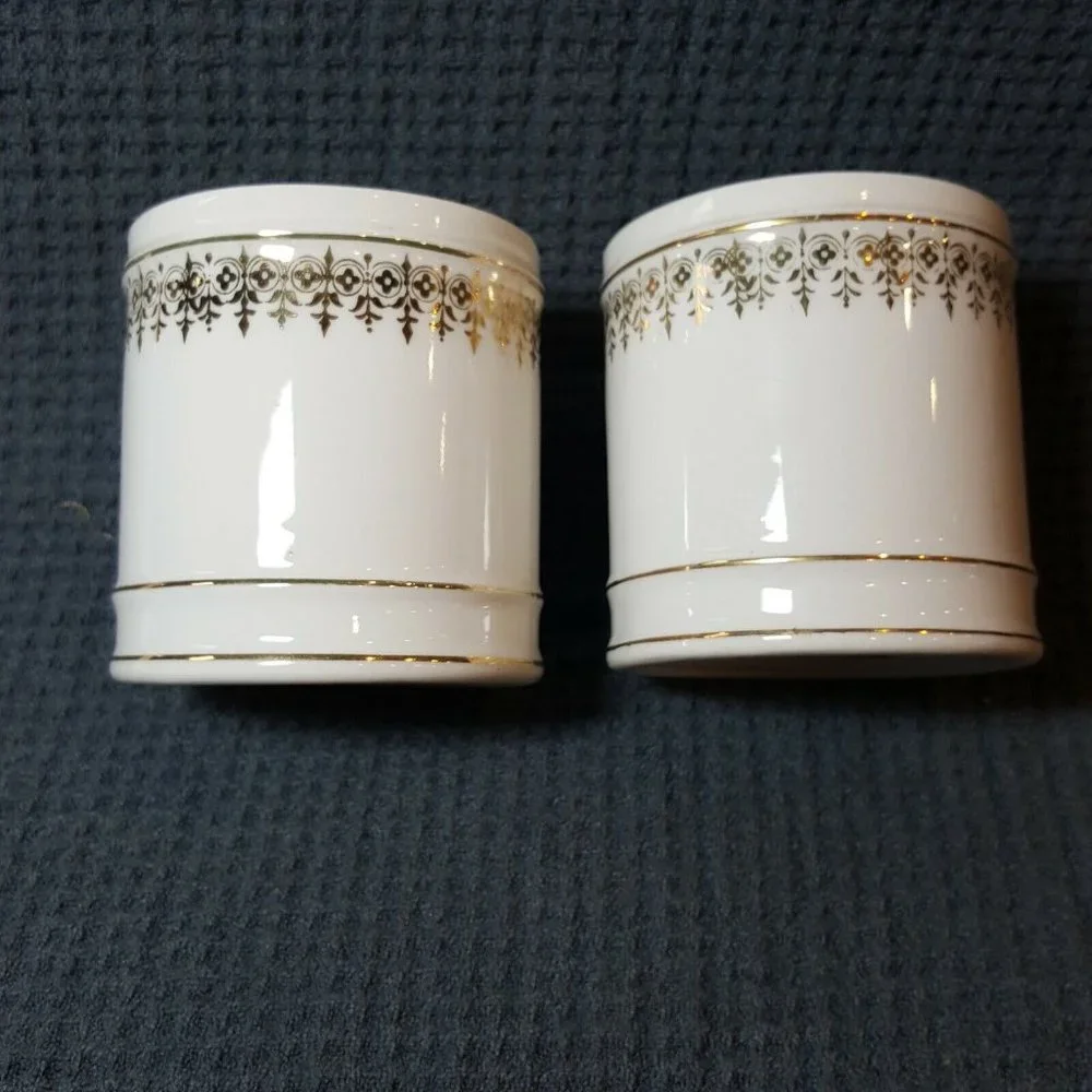 Vtg Lefton China Handpainted Cotton & Powder Holders Gold Embellishments No Lids